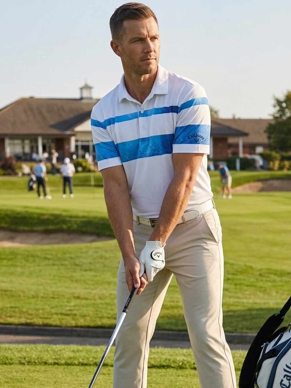 Callaway White Polo with Blue Ombre Stripes